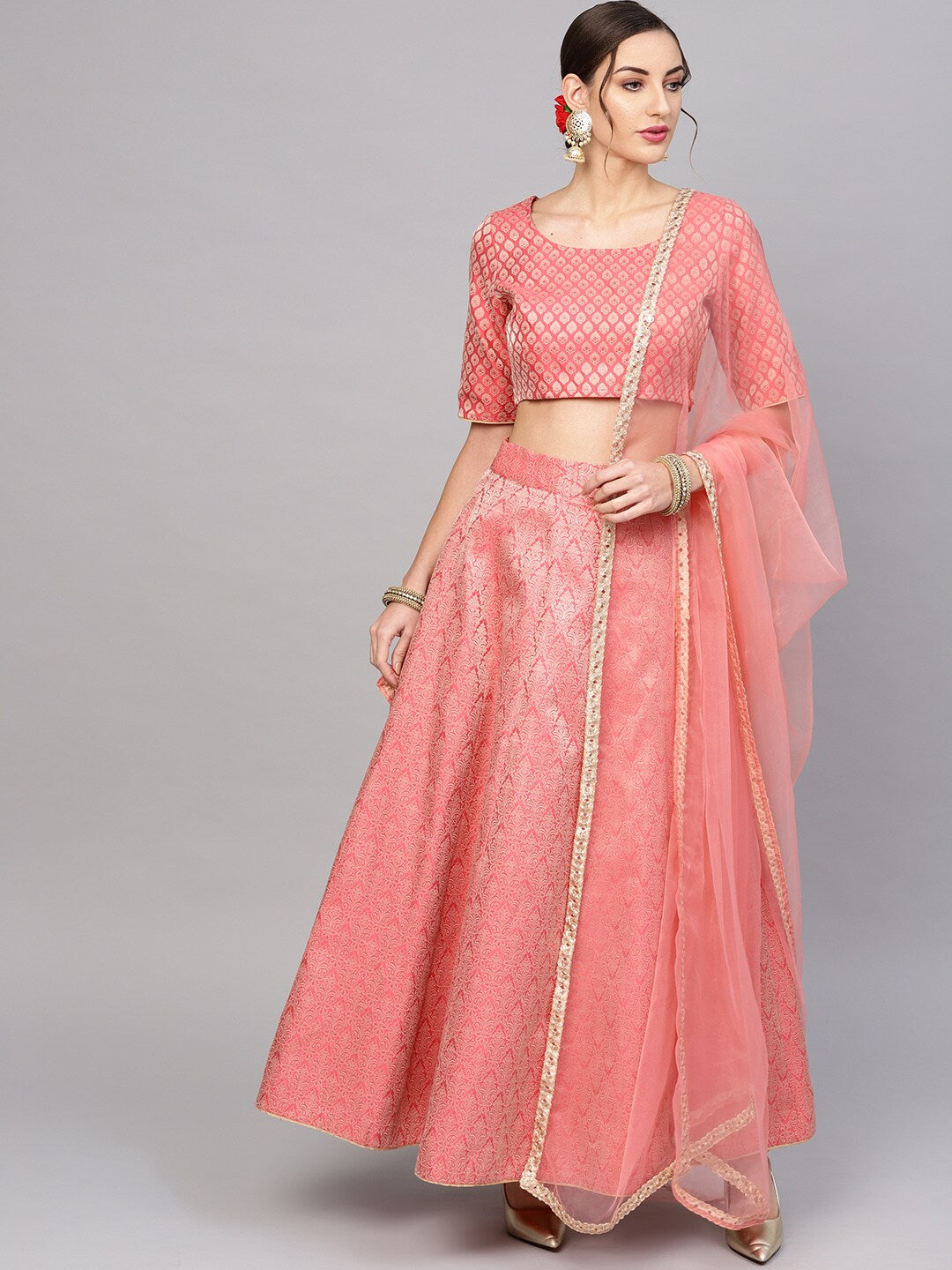 Women's Peach Brocade lehenga choli With Dupatta