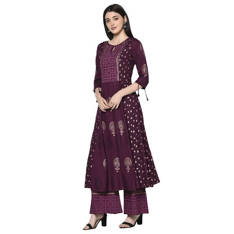 Women's Wine Anarkali Kurta with palazzo set by - (2pcs set)