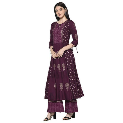 Women's Wine Anarkali Kurta with palazzo set by - (2pcs set)