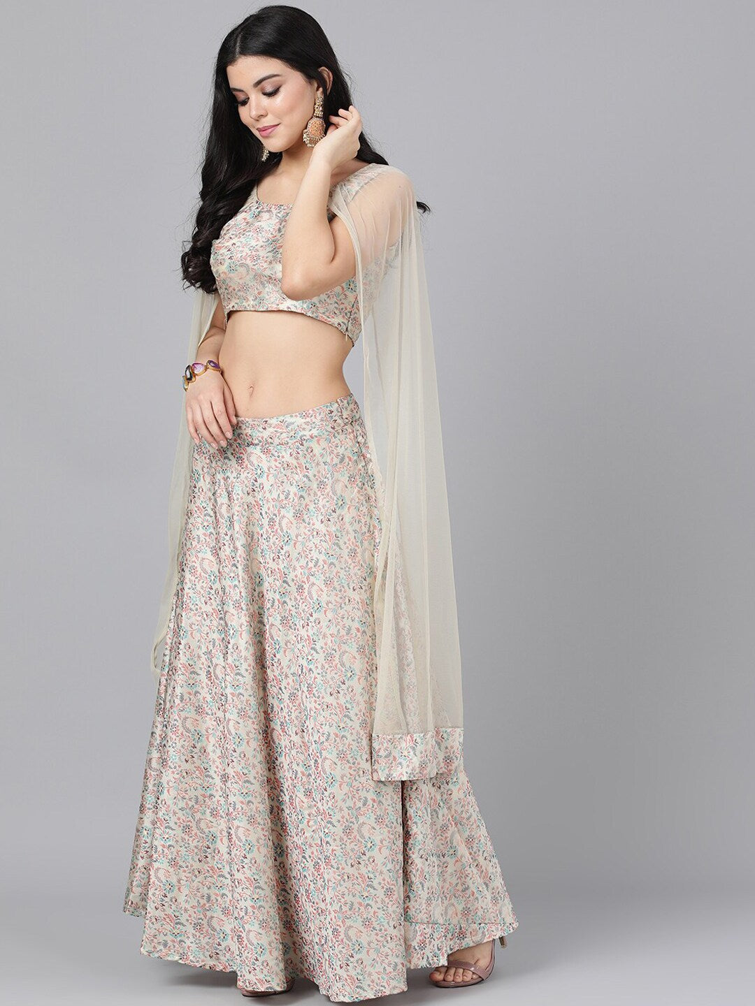 Women's Cream Lehenga Choli With Cape Dupatta