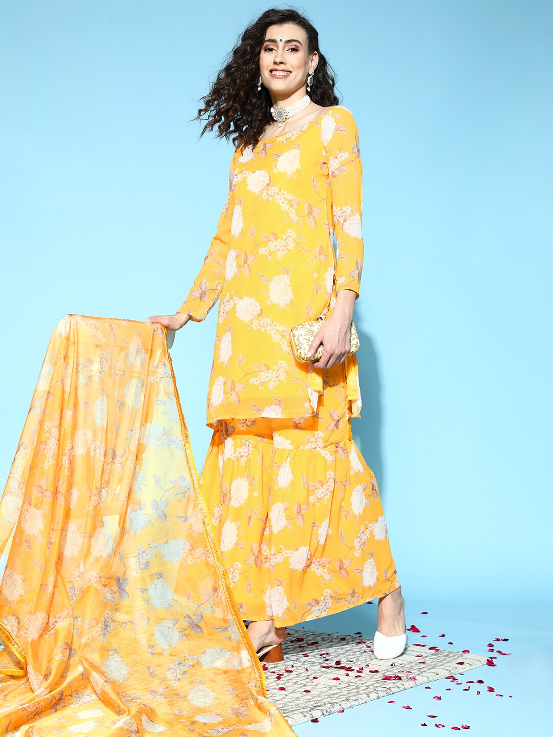 Women's Yellow Floral Print Kurta Sharara With Dupatta