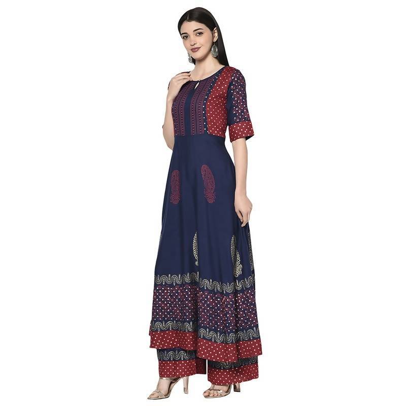 Women's Navy Blue Rayon Block print Anarkali palazzo set