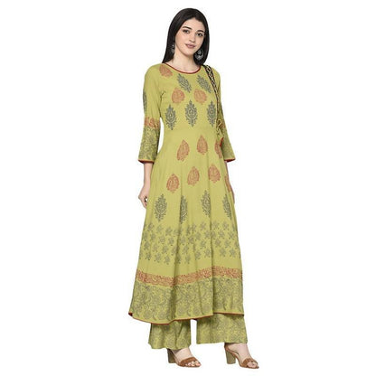 Women's Parrot Green Rayon Block print Anarkali Palazzo set