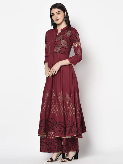 Women's Maroon Anarkali Kurta with Palazzo set by - (2pcs set)