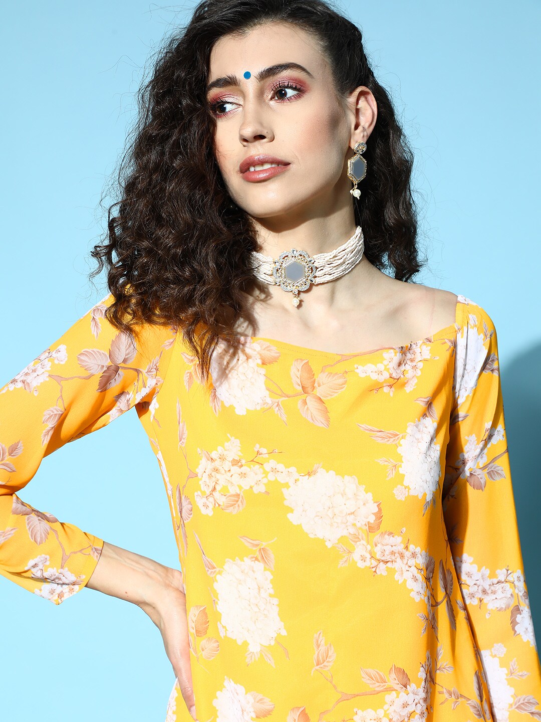 Women's Yellow Floral Print Kurta Sharara With Dupatta