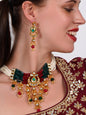 Women's Elegant Red-Green Crystal, Pearl, & Kundan Choker With Earrings! - Odette