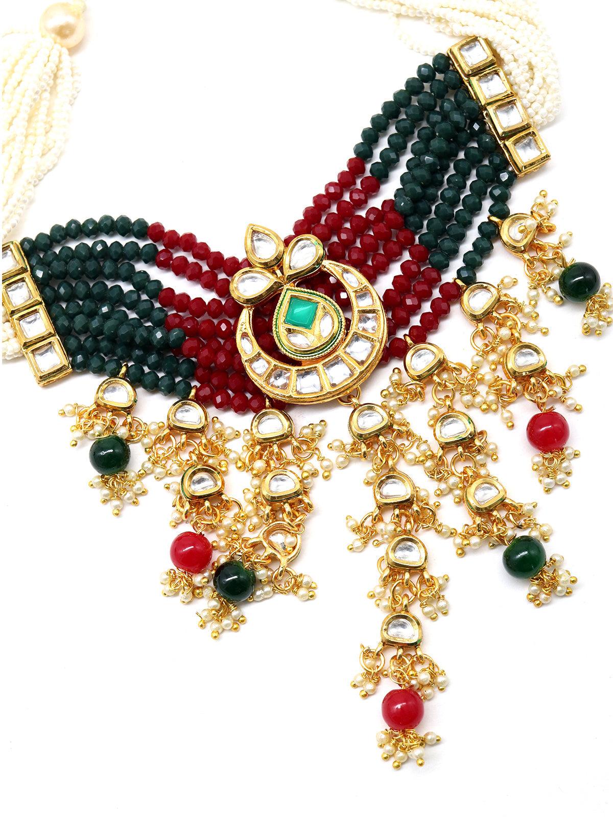 Women's Elegant Red-Green Crystal, Pearl, & Kundan Choker With Earrings! - Odette