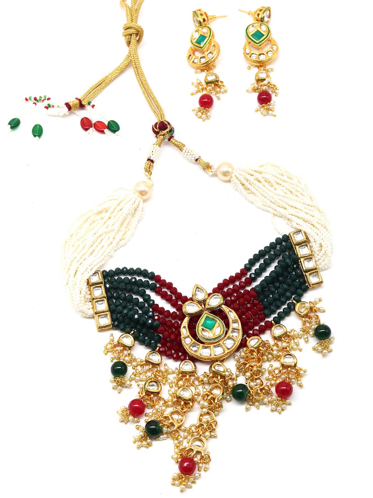 Women's Elegant Red-Green Crystal, Pearl, & Kundan Choker With Earrings! - Odette