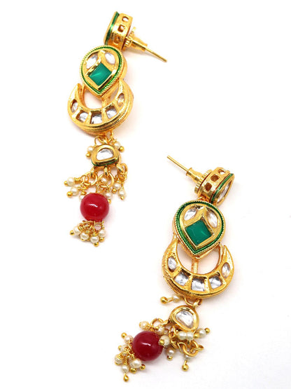 Women's Elegant Red-Green Crystal, Pearl, & Kundan Choker With Earrings! - Odette