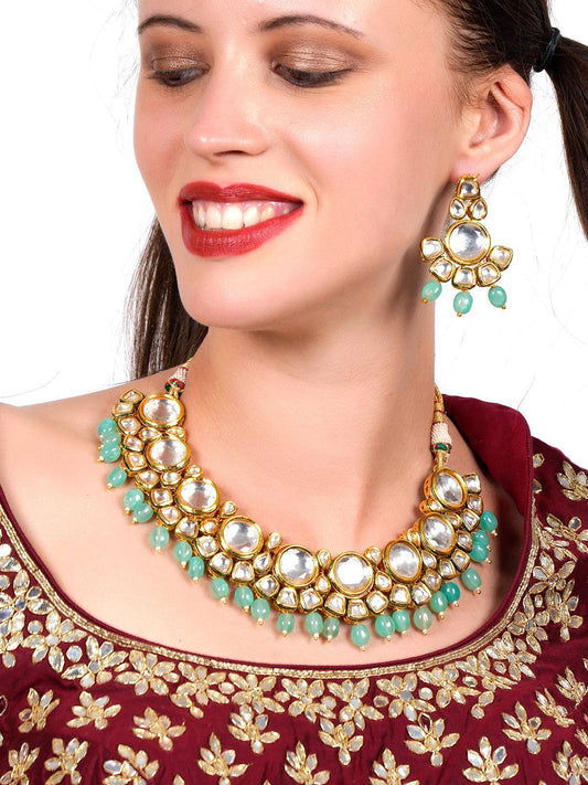 Women's Ethnic Heavy Semiprecious Kundan & Enameled Necklace With Earrings! - Odette