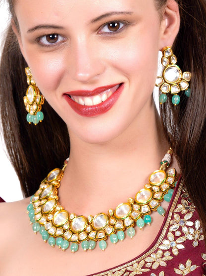 Women's Ethnic Heavy Semiprecious Kundan & Enameled Necklace With Earrings! - Odette