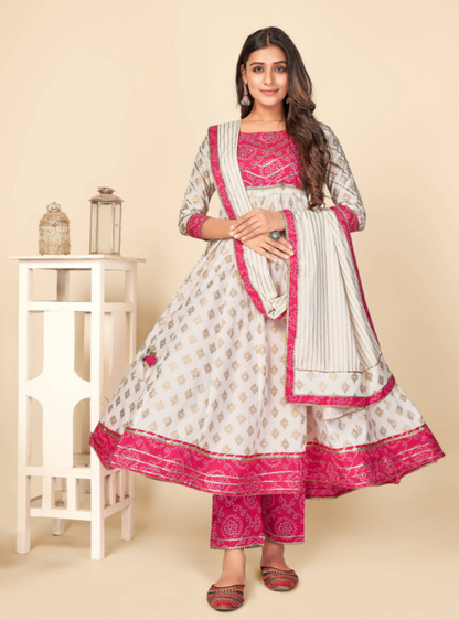 Women's Pink & White Anarkali Kurta & Pant With Dupatta Set - (3Pcs Set)