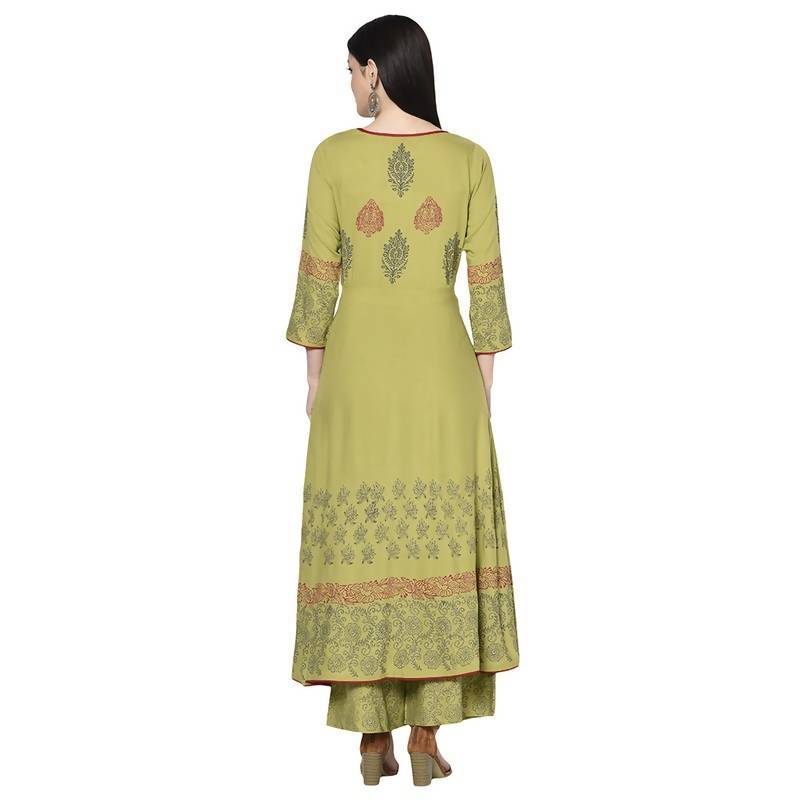 Women's Parrot Green Rayon Block print Anarkali Palazzo set