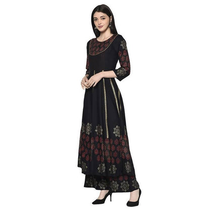 Women's Black Anarkali Kurta with palazzo set by - (2pcs set)