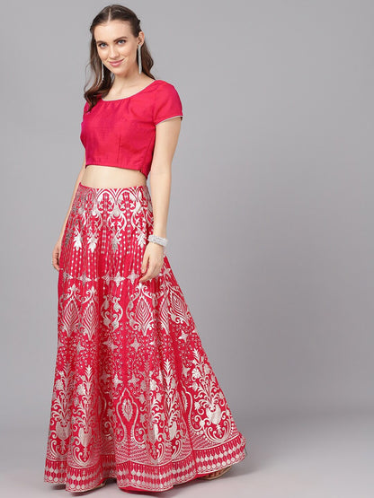 Women's Pink Foil Printed Lehenga Choli With Dupatta