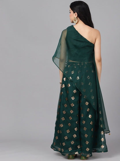 Women's Dark Green Foil Print Lehenga Choli