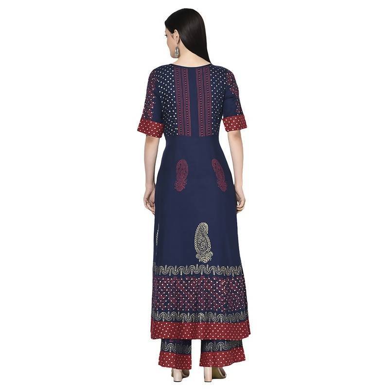 Women's Navy Blue Rayon Block print Anarkali palazzo set