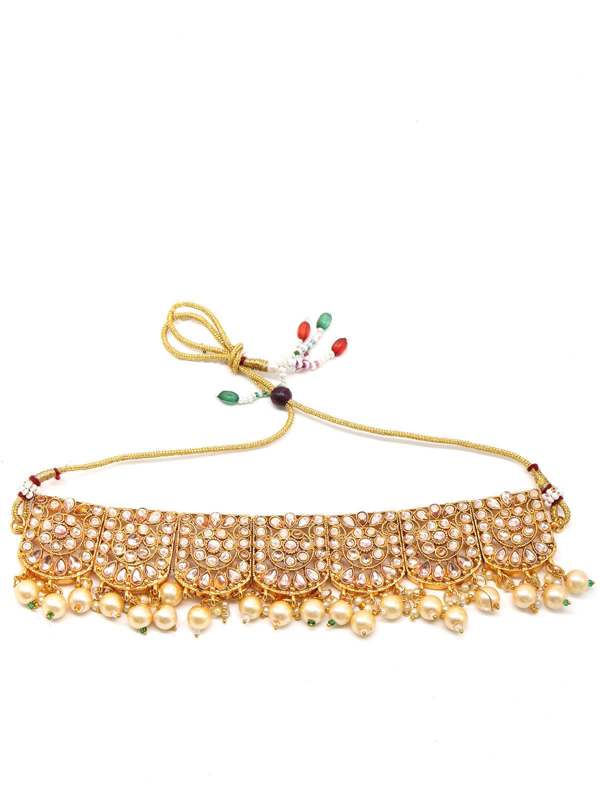 Women's Gold Semiprecious Kundan & Pearl Necklace With Earrings & Maang Teeka - Odette