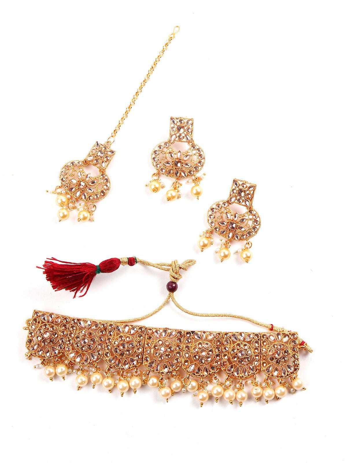 Women's Gold Semiprecious Kundan & Pearl Necklace With Earrings & Maang Teeka - Odette