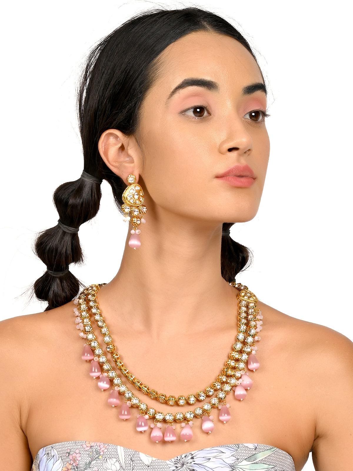 Women's Gorgeous Pink Kundan Work Necklace Set - Odette