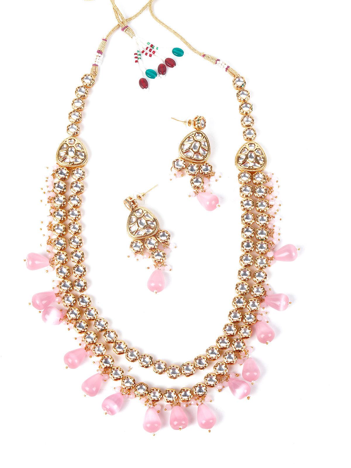 Women's Gorgeous Pink Kundan Work Necklace Set - Odette