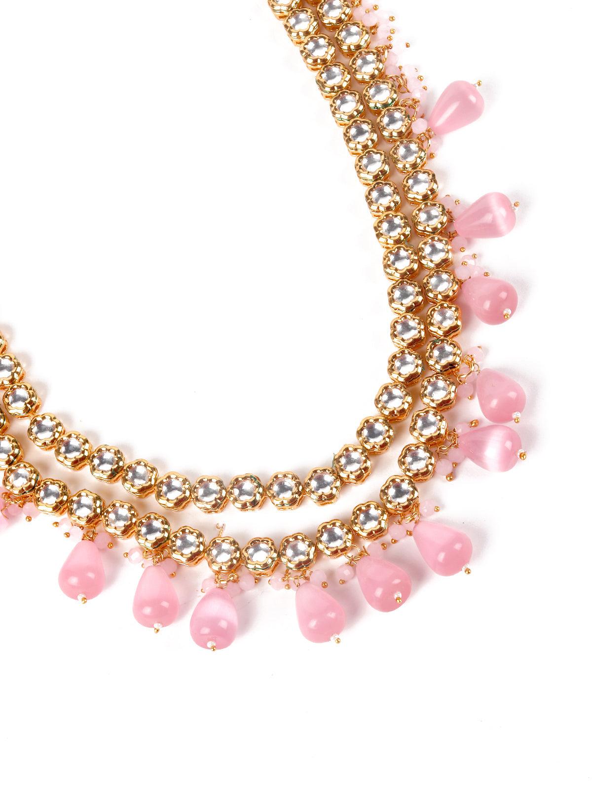 Women's Gorgeous Pink Kundan Work Necklace Set - Odette