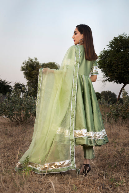 Women's Taffeta Silk mint Green Anarkali- Pomcha Jaipur