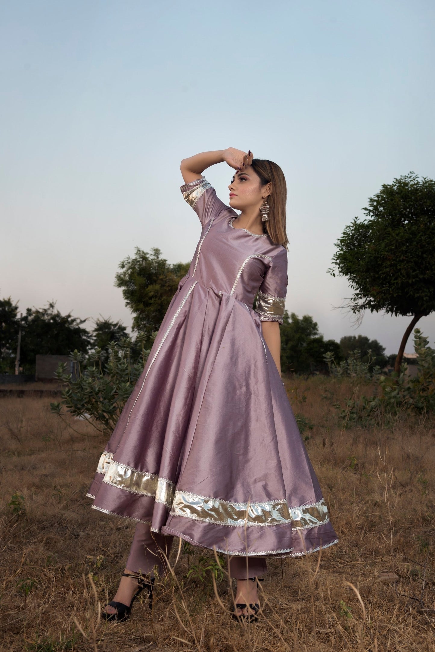 Women's Taffeta Silk Purple Anarkali- Pomcha Jaipur