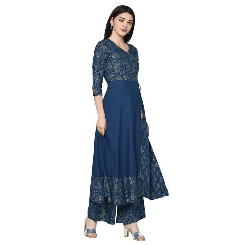 Women's Blue Rayon Foil print Angrakha Anarkali Palazzo Set