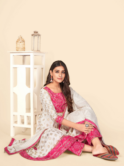 Women's Pink & White Anarkali Kurta & Pant With Dupatta Set - (3Pcs Set)