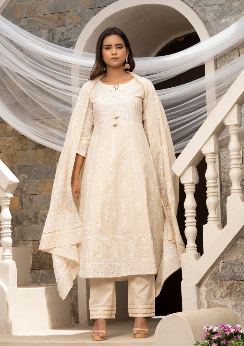 Women's Off White Cotton Cambric Printed With Sequins Work Anarkali Kurta With Pant & Dupatta