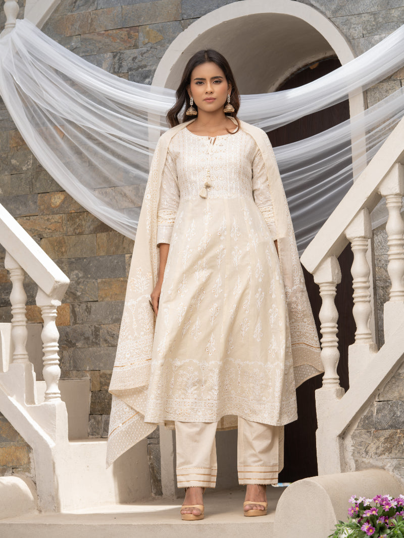 Women's Off White Cotton Cambric Printed With Sequins Work Anarkali Kurta With Pant & Dupatta