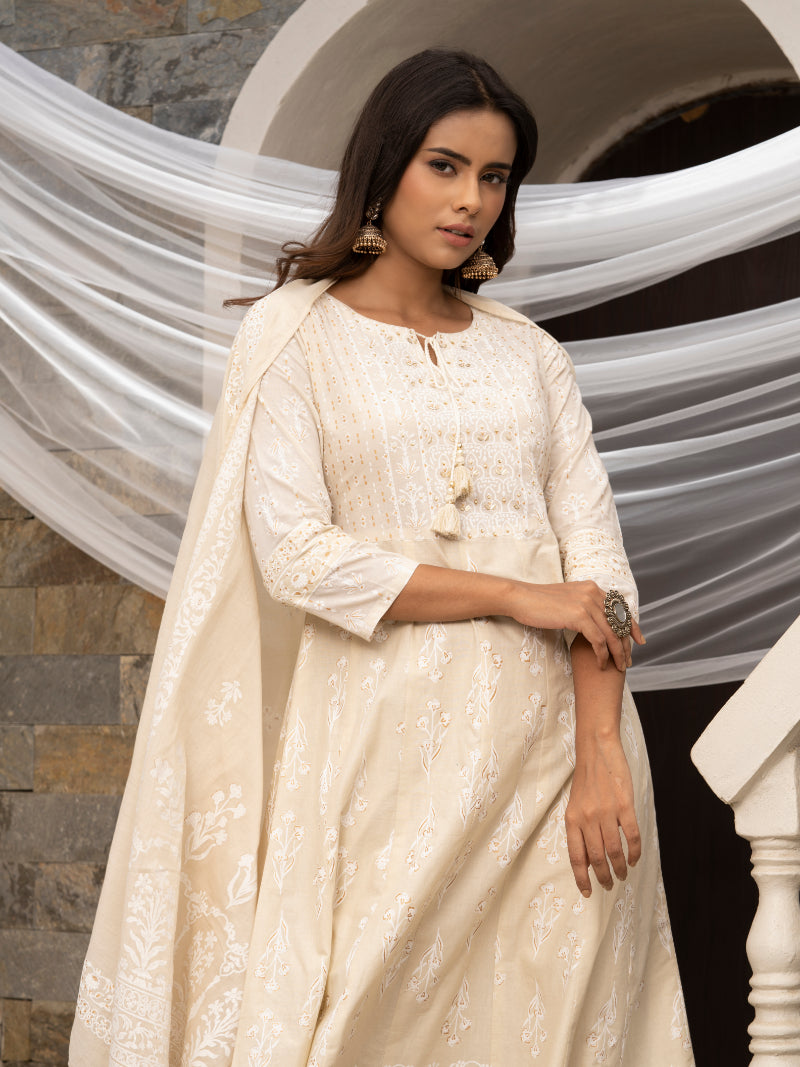 Women's Off White Cotton Cambric Printed With Sequins Work Anarkali Kurta With Pant & Dupatta