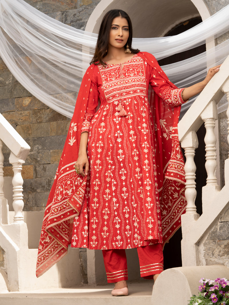 Women's Red Cotton Cambric Printed With Sequins Work Anarkali Kurta With Pant & Dupatta