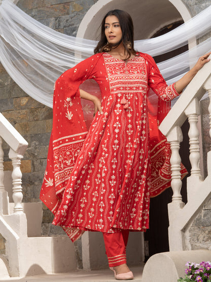 Women's Red Cotton Cambric Printed With Sequins Work Anarkali Kurta With Pant & Dupatta