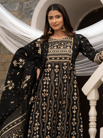 Women's Black Cotton Cambric Printed With Sequins Work Anarkali Kurta With Pant & Dupatta