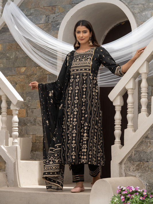 Women's Black Cotton Cambric Printed With Sequins Work Anarkali Kurta With Pant & Dupatta