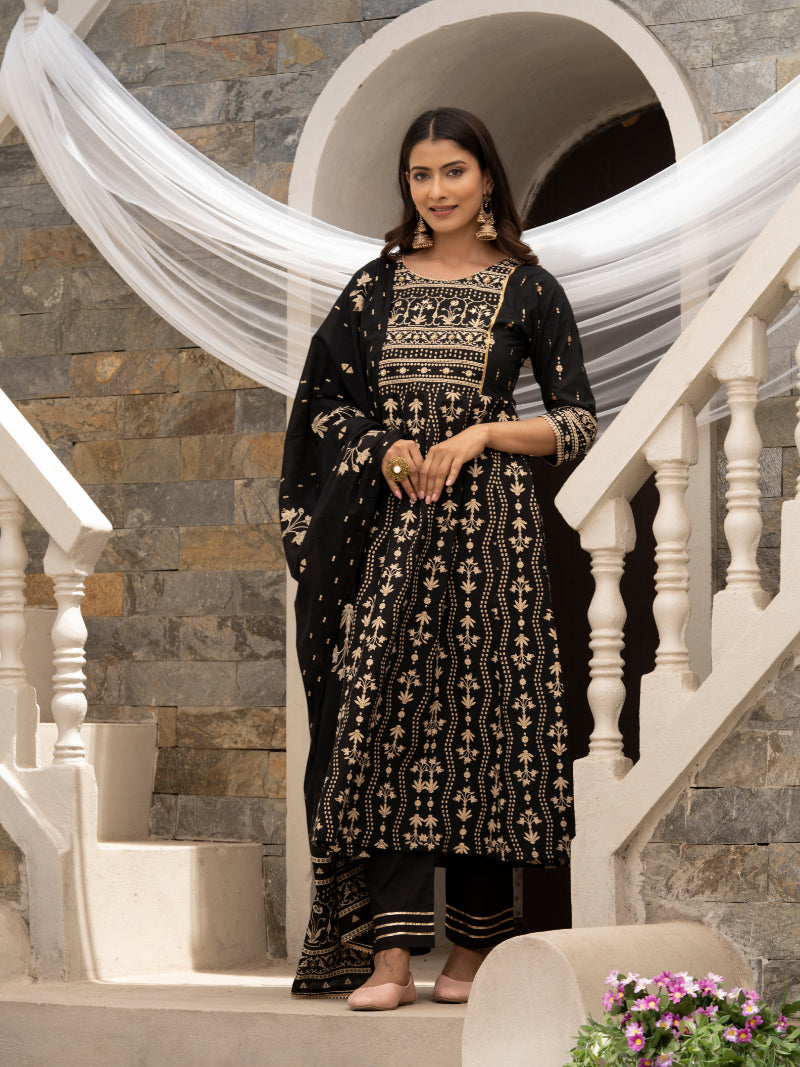 Women's Black Cotton Cambric Printed With Sequins Work Anarkali Kurta With Pant & Dupatta