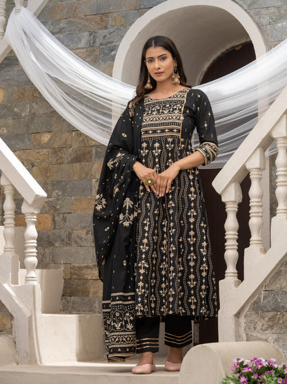 Women's Black Cotton Cambric Printed With Sequins Work Anarkali Kurta With Pant & Dupatta