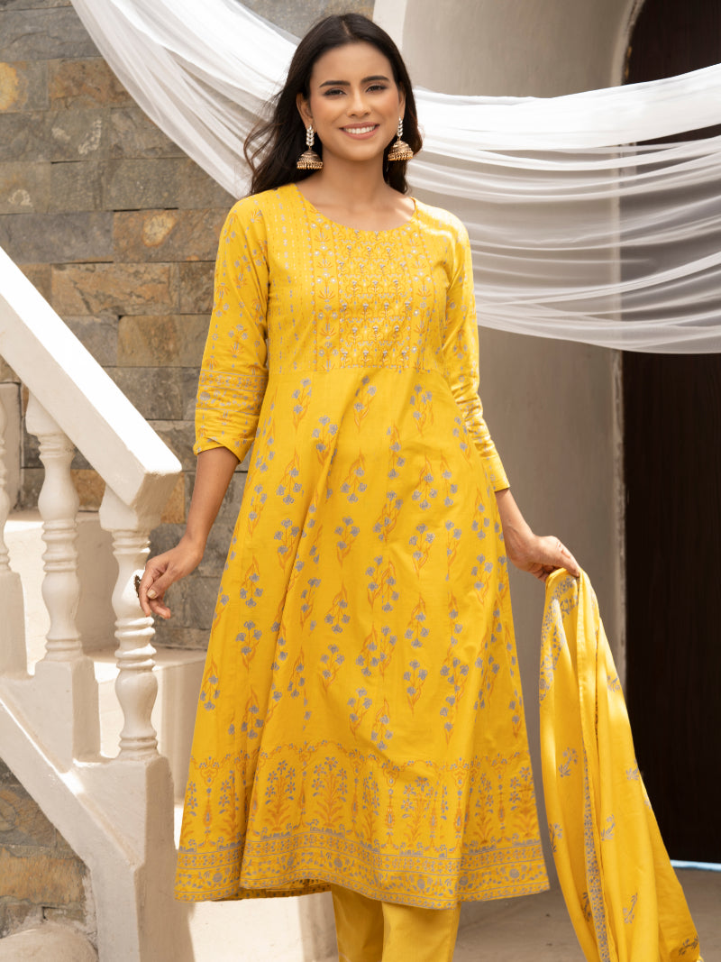 Women's Mustard Cotton Cambric Printed With Sequins Work Anarkali Kurta With Pant & Dupatta