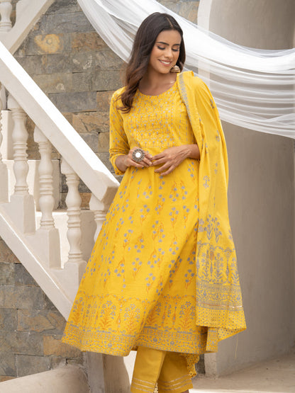 Women's Mustard Cotton Cambric Printed With Sequins Work Anarkali Kurta With Pant & Dupatta