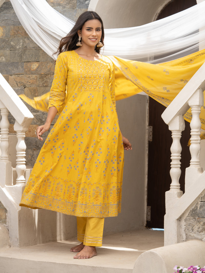 Women's Mustard Cotton Cambric Printed With Sequins Work Anarkali Kurta With Pant & Dupatta