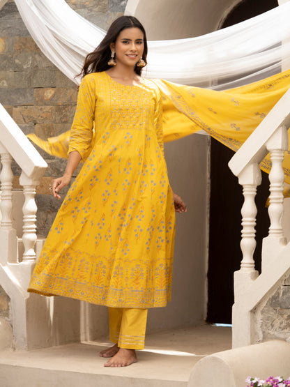 Women's Mustard Cotton Cambric Printed With Sequins Work Anarkali Kurta With Pant & Dupatta