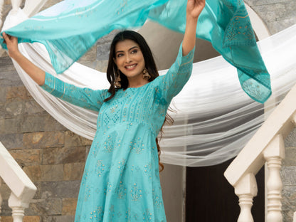 Women's Sky Blue Cotton Cambric Printed With Sequins Work Anarkali Kurta With Pant & Dupatta