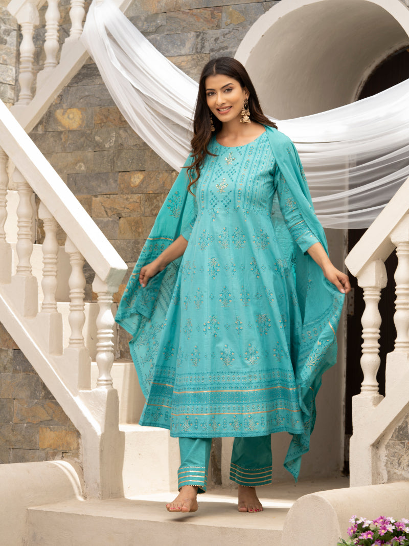 Women's Sky Blue Cotton Cambric Printed With Sequins Work Anarkali Kurta With Pant & Dupatta