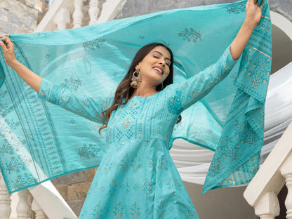 Women's Sky Blue Cotton Cambric Printed With Sequins Work Anarkali Kurta With Pant & Dupatta