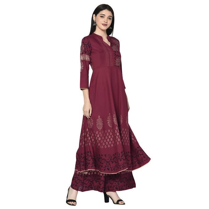 Women's Maroon Anarkali Kurta with Palazzo set by - (2pcs set)