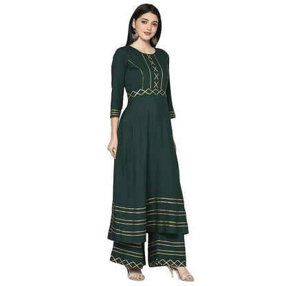 Women Bottle Green Rayon Anarkali Kurta with Palazzo by  (2pcs Set)