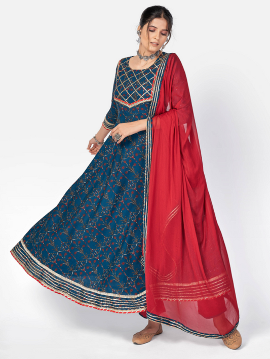 Women's Dark Blue Anarkali Cotton Kurta With Pant & Dupatta  (3Pcs Set)