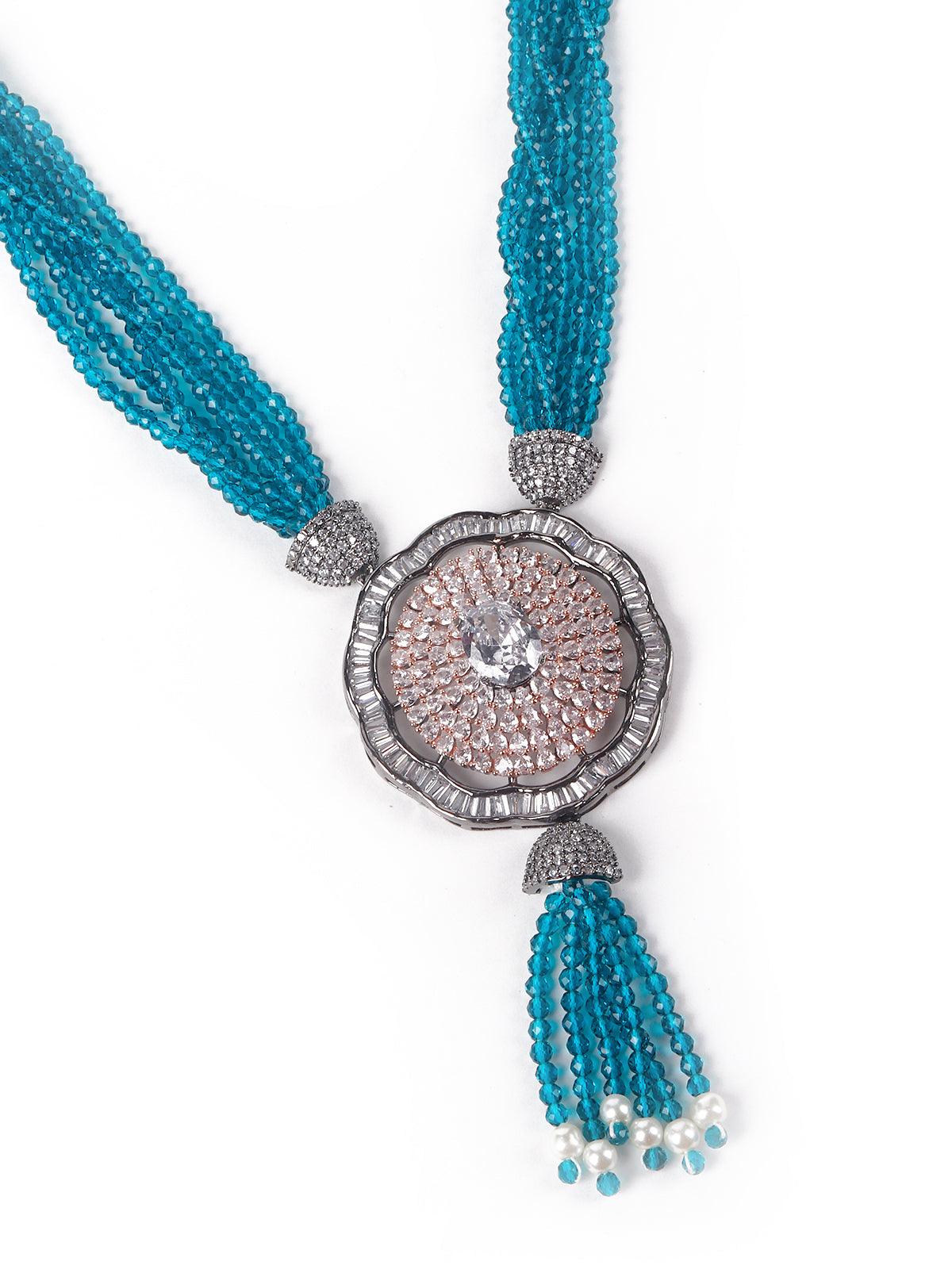 Women's Light Blue Beautiful Beaded Pendant Necklace Set - Odette